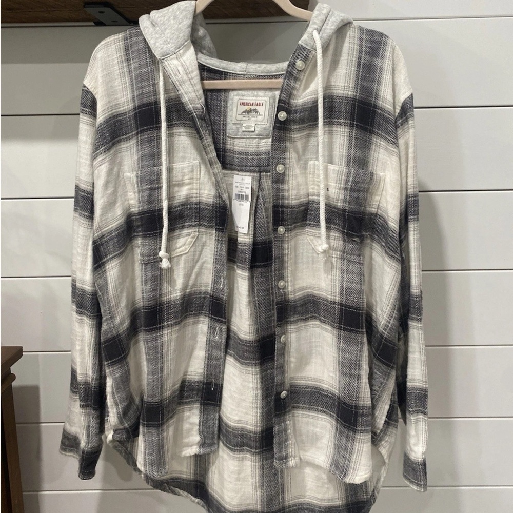 American Eagle Women's Oversized Grey and Black Hooded Flannel  Size Small NWTs